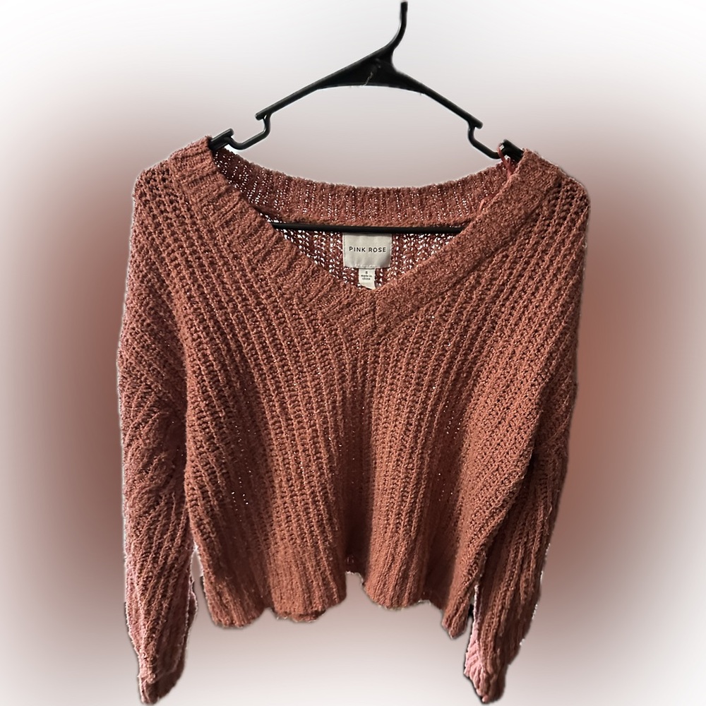 Pink Rose Knit Long sleeve Semi Crop Top Pullover Sweater